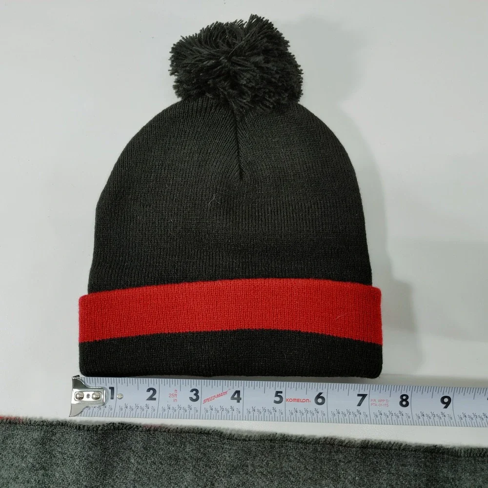 Goodfellow Co Mens Knit Beanie Hat and Scarf Set Black Red‎ Stripe Pom Pom